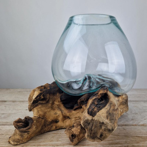 Glazen druppel vaas op hout (j)