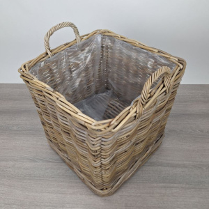 Kaminholzkorb (M) auf Rollen, Rattan Grau