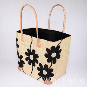 Jute tas Naturel met zwarte bloemen