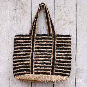 Jute/polyester tas shopper zwart  