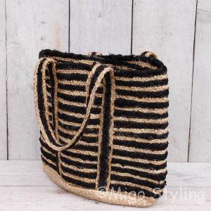 Jute/polyester tas shopper zwart  