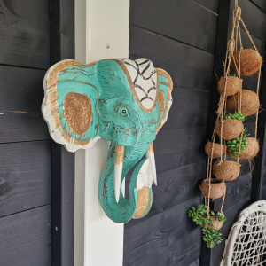 Houten Olifanten kop Turquoise 
