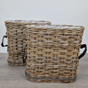 Set vensterbankmand met leren riem ovaal H40cm