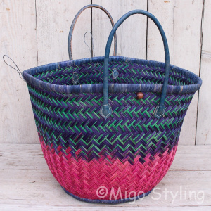 Strandtas City shopper van zeegras roze/blauw