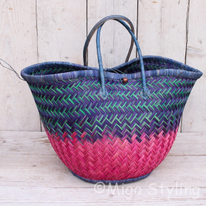 Strandtas City shopper van zeegras roze/blauw