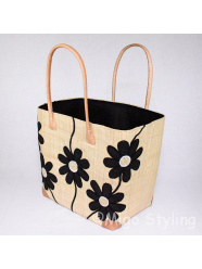 Jute tas Naturel met zwarte bloemen