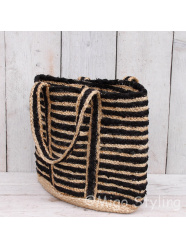 Jute/polyester tas shopper zwart  