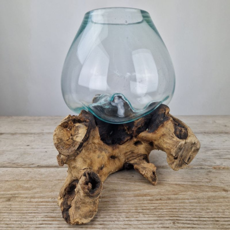 Glazen druppel vaas op hout (j)