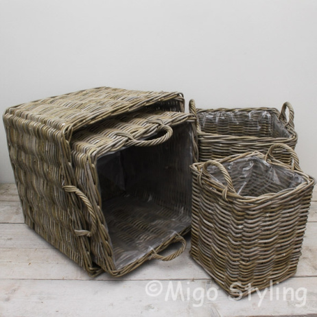 Kaminkorb / Pflanzenkorb viereckig (L) Rattan Grau