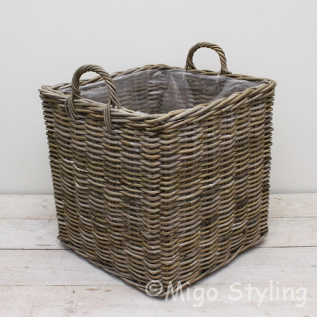 Kaminkorb / Pflanzenkorb viereckig (L) Rattan Grau