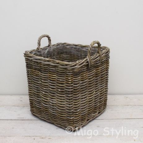 Kaminkorb / Pflanzenkorb viereckig (M) Rattan Grau