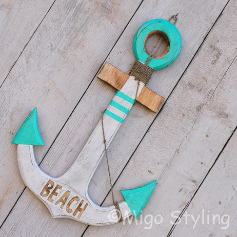 Houten Anker turquoise 60 cm 