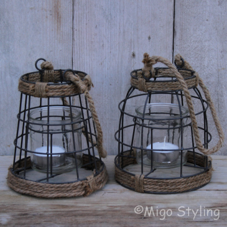 Metalen lantaarn met jute (rond)
