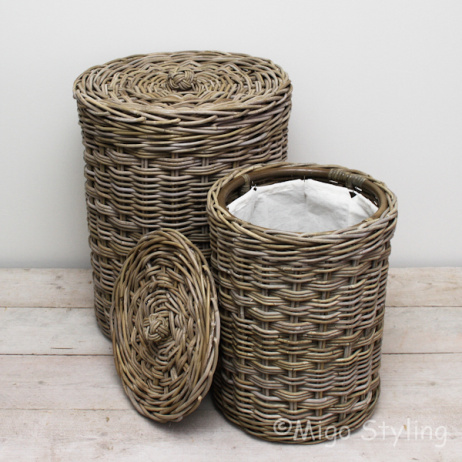 Wäschekorb rund mit Innensack Rattan Grau