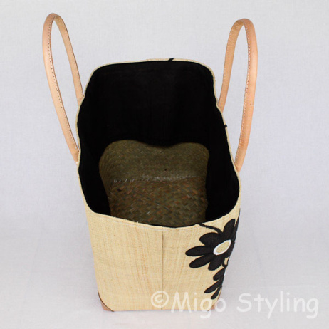 Jute tas Naturel met zwarte bloemen