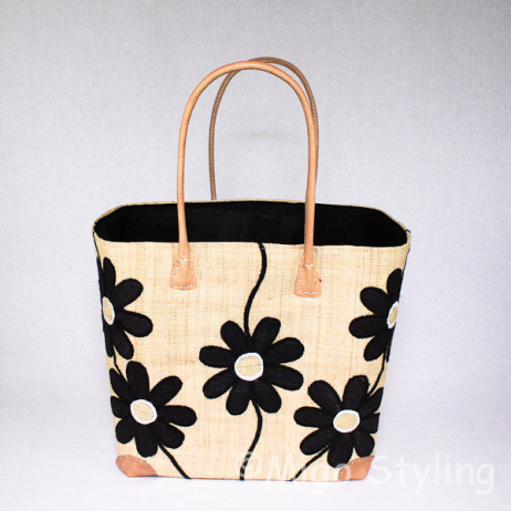Jute tas Naturel met zwarte bloemen