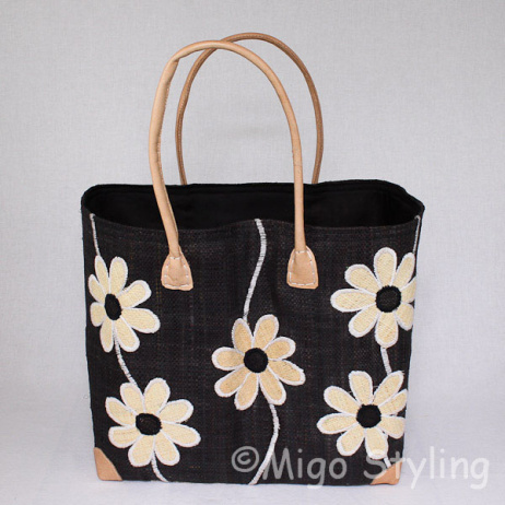 Jute tas Zwart met naturel bloemen