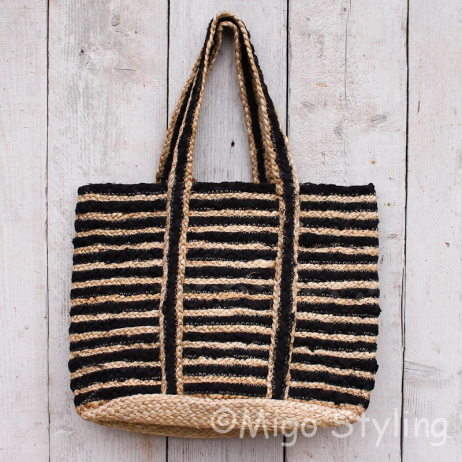Jute/polyester tas shopper zwart   