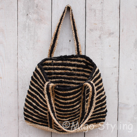 Jute/polyester tas shopper zwart