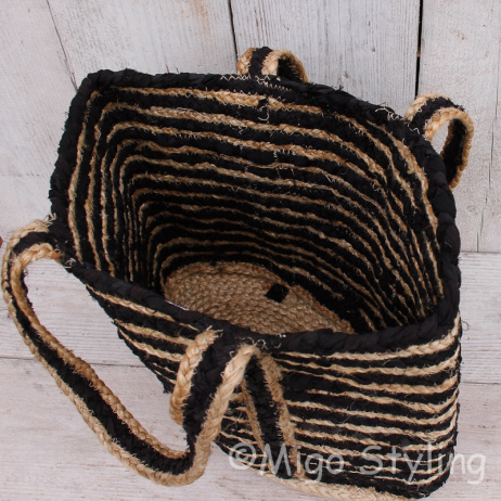 Jute/polyester tas shopper zwart