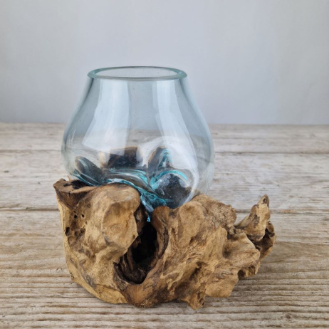 Mini glazen druppelvaas op hout (b)