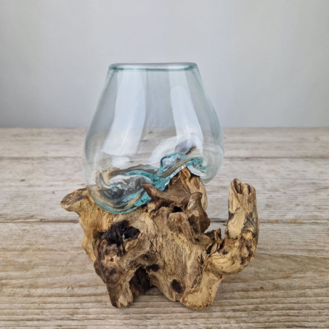 Mini glazen druppelvaas op hout (c)