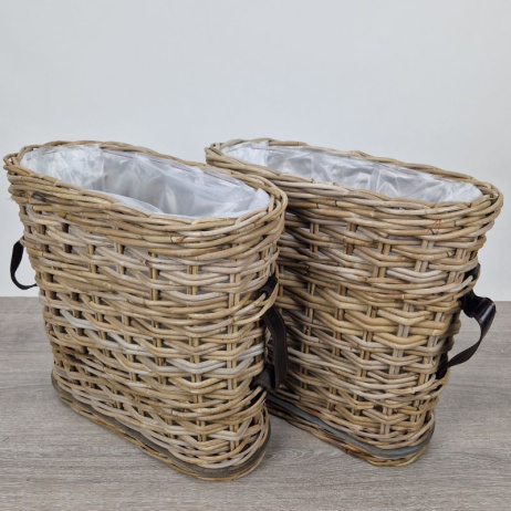 Set Fensterbankkörben mit Ledergürtel oval H40cm