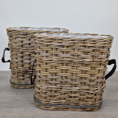 Set Fensterbankkörben mit Ledergürtel oval H40cm
