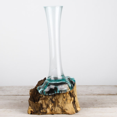 Mini Tropfenvase aus Glas auf Holz (b)