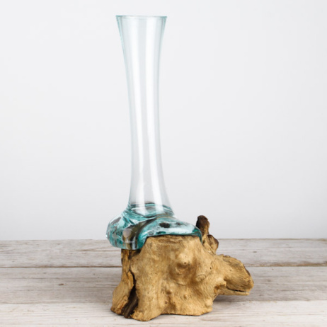 Mini Tropfenvase aus Glas auf Holz (b)
