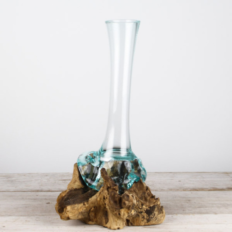 Mini Tropfenvase aus Glas auf Holz (b)