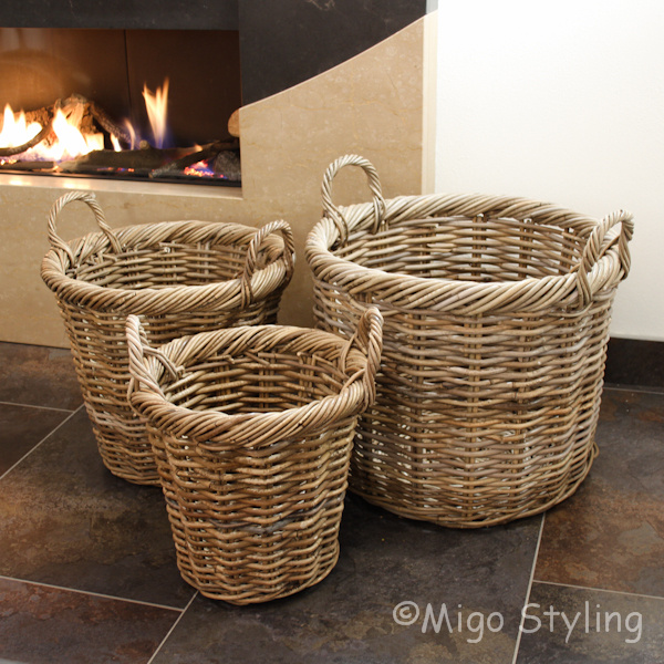 Rattan Korb rund klein mit Henkel Grau