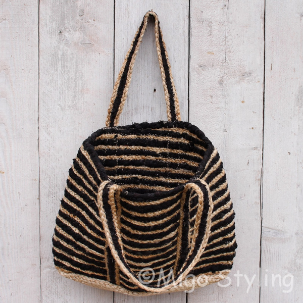 Jute/polyester tas shopper zwart