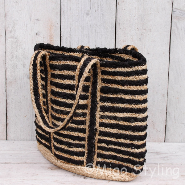 Jute/polyester tas shopper zwart