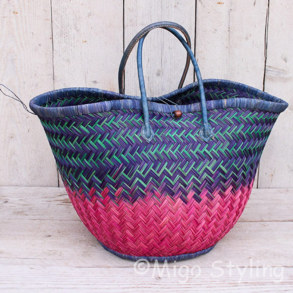 Strandtas City shopper van zeegras roze/blauw