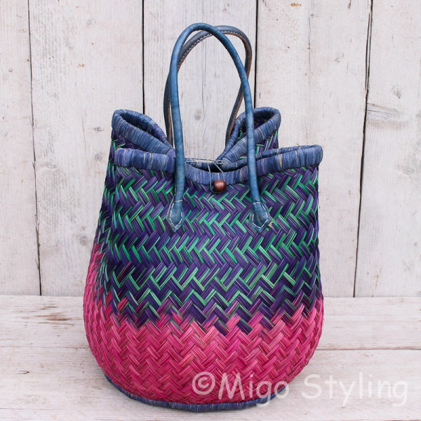 Strandtas City shopper van zeegras roze/blauw 