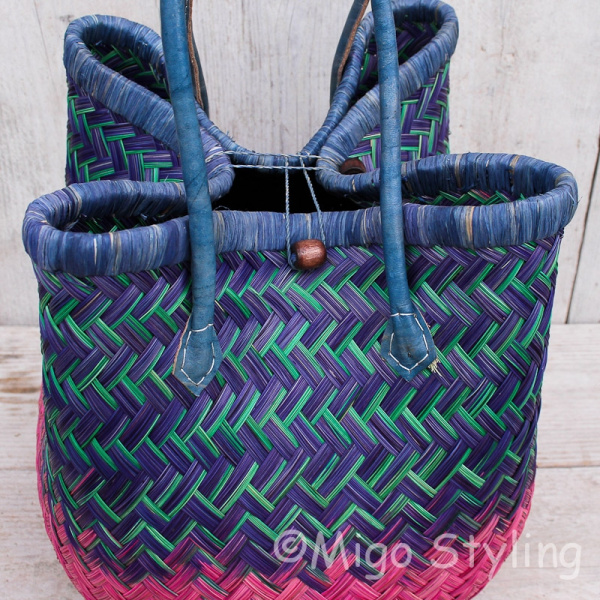 Strandtas City shopper van zeegras roze/blauw
